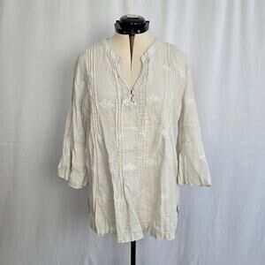 Antibes Blanc Embroidered Linen Blouse Women's XL Bell Sleeves Knotted V-Neck